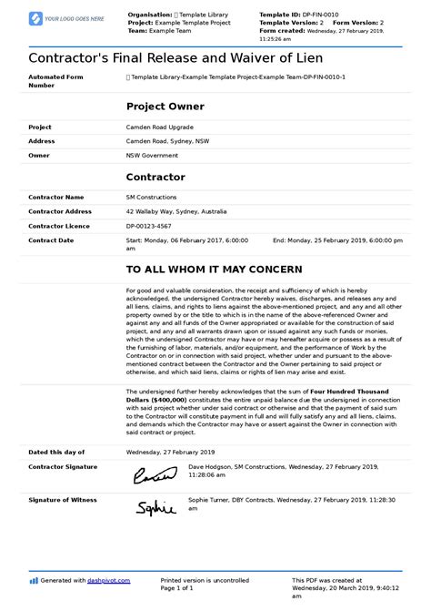 Construction Lien Waiver Template