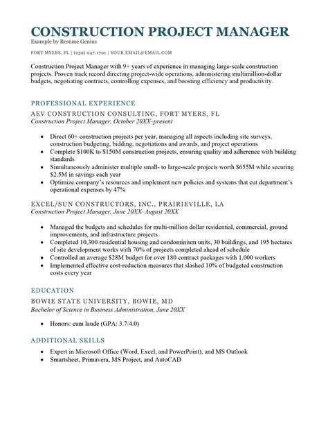 Construction Manager Resume Template Example