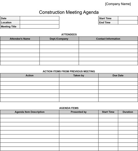 Construction Meeting Agenda Template in Word