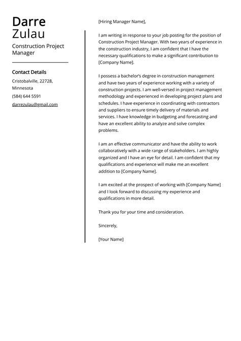 Construction project manager cover letter