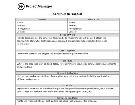 Construction Proposal Template Excel