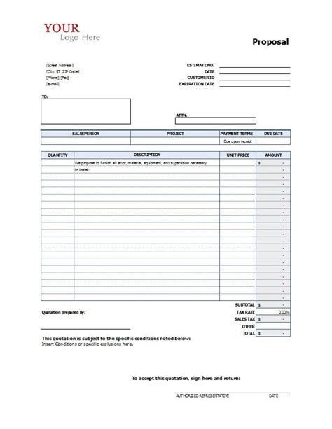 Construction Proposal Template Excel