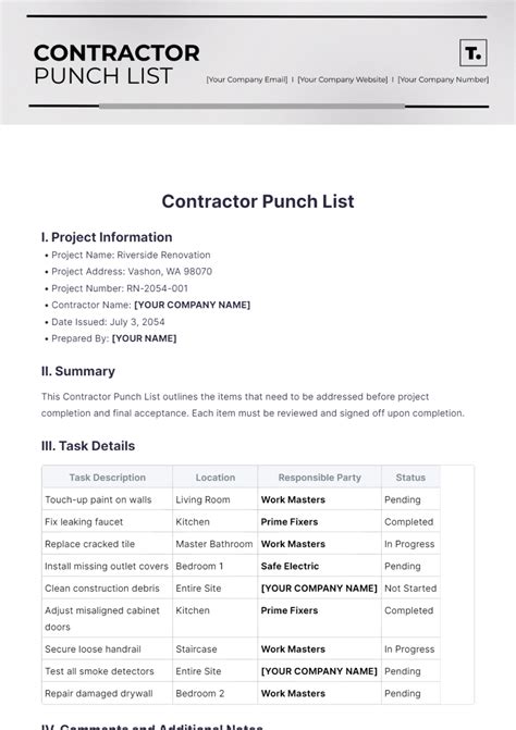 Construction Punch List Template