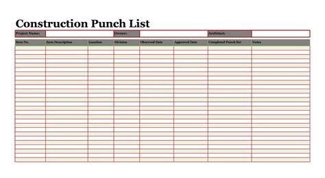 Construction Punch List Template in Excel Example 1