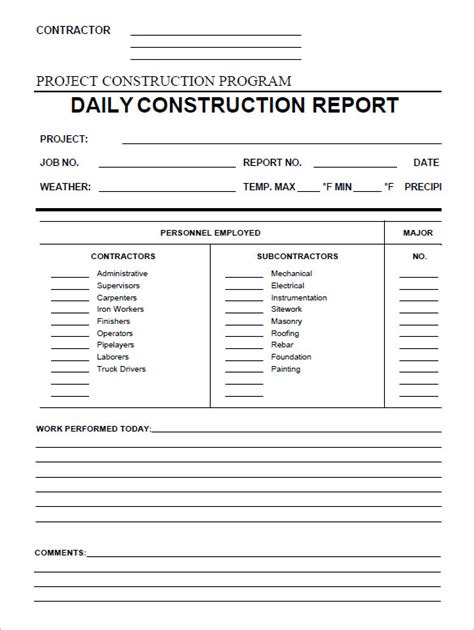 Construction report template example