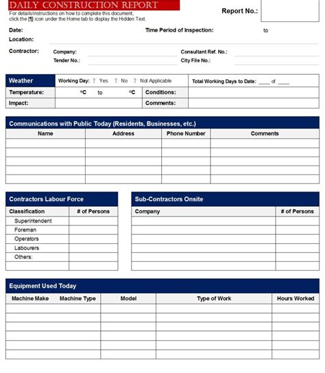 Construction report template excel example