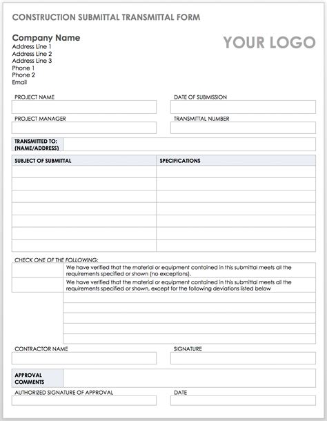 Construction Submittal Form Template Free