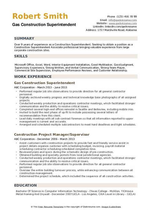 Construction Superintendent Resume Samples