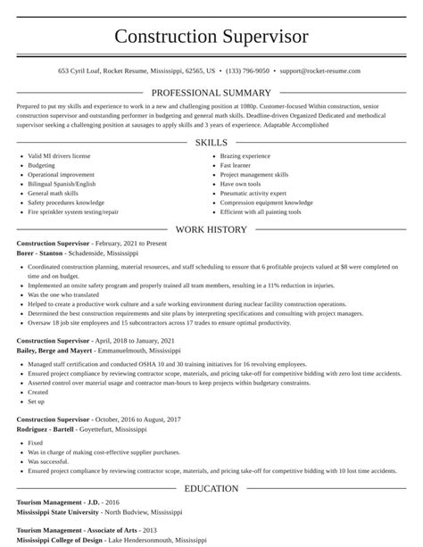 Construction Supervisor Resume Template Example