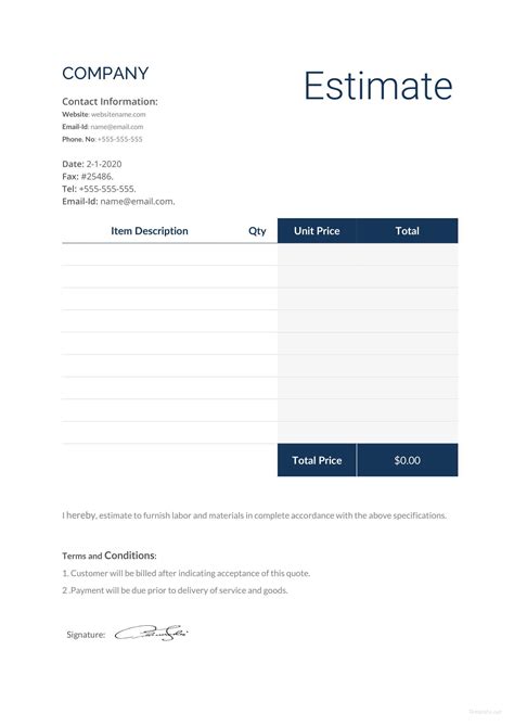 Consulting Work Estimate Template in Word Sample