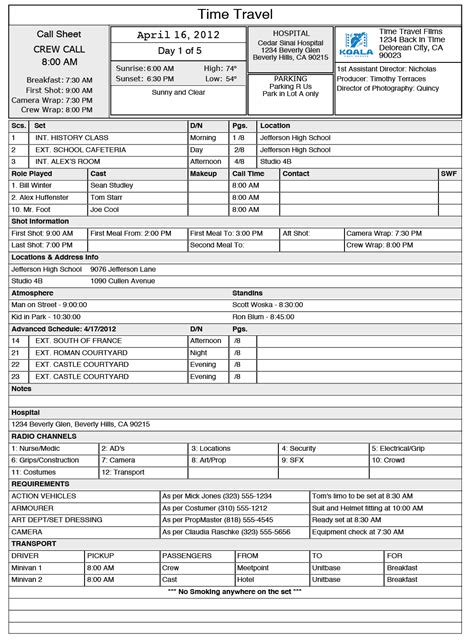 Contact information section of a call sheet