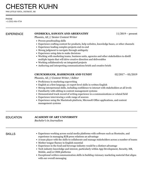 Content Writer Resume Template Free Pdf