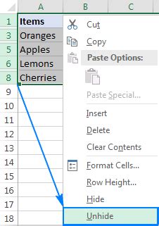 Unhide Rows Using Context Menu