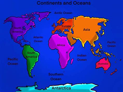 A world map showing the 7 continents and 5 oceans