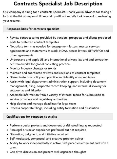 Contract Specialist Experience Requirements