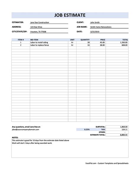 Contractor Estimate Template Fillable