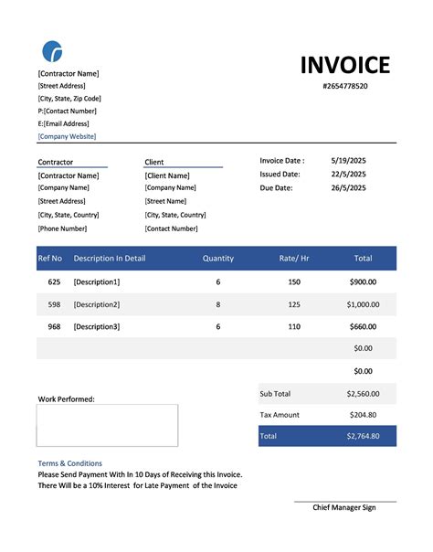 Contractor Invoice Template Sample