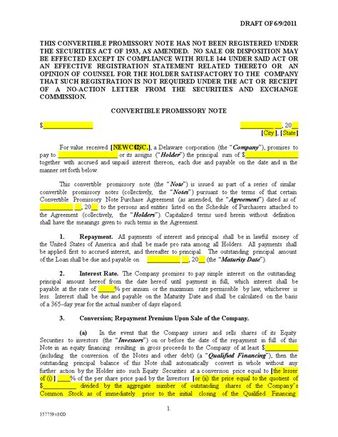 Convertible Promissory Note Template