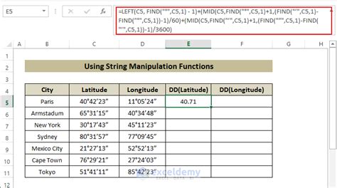 Converting latitude and longitude to decimal format in Excel