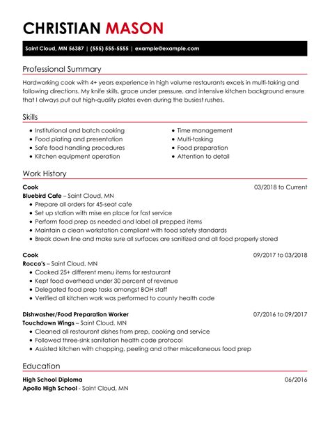 Cooking Resume Education