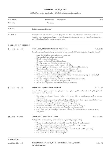 Cooking Resume Example