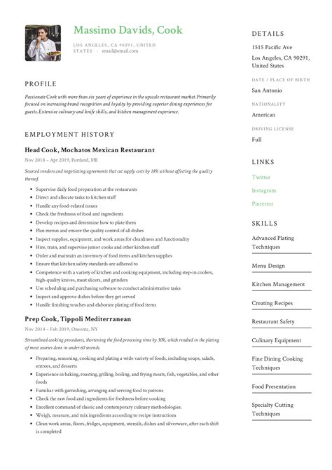 Cooking Resume Format