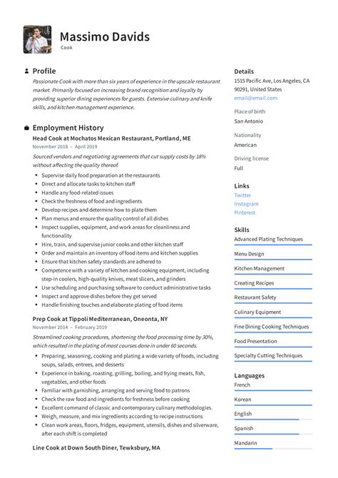 Cooking Resume Work Experience