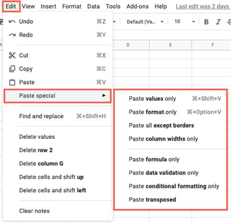 Copy and Paste Special in Google Sheets