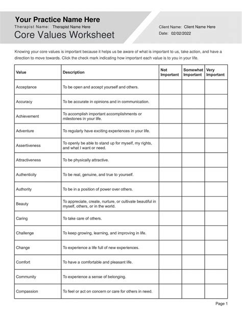 Core values worksheet example 1