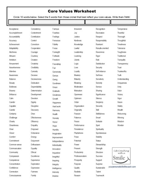 Core values worksheet example 5