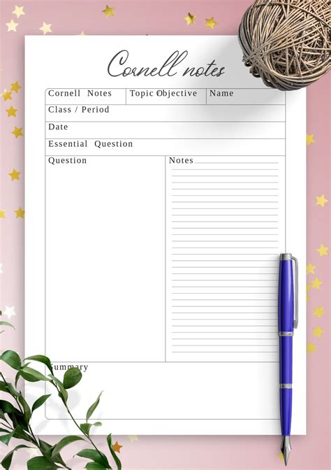 Cornell note-taking template with sections and columns