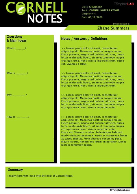 Sample of Cornell Notes template