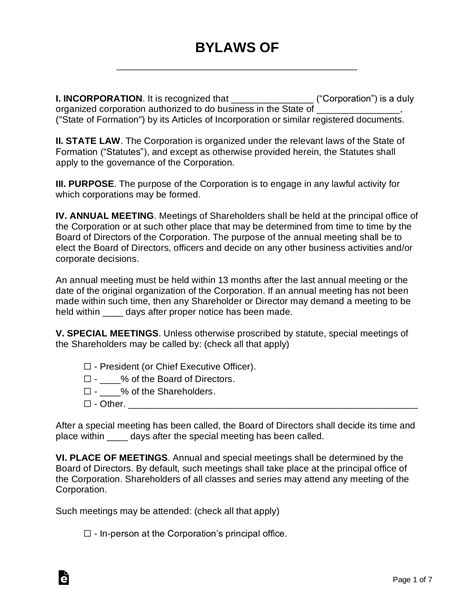 Corporate Bylaws Template Word Document