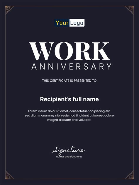 Corporate Work Anniversary Certificate Template