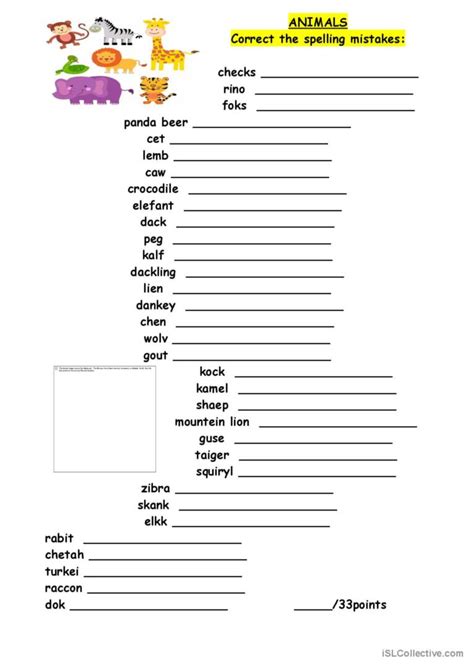 Correcting Spelling Mistakes Animals Worksheet