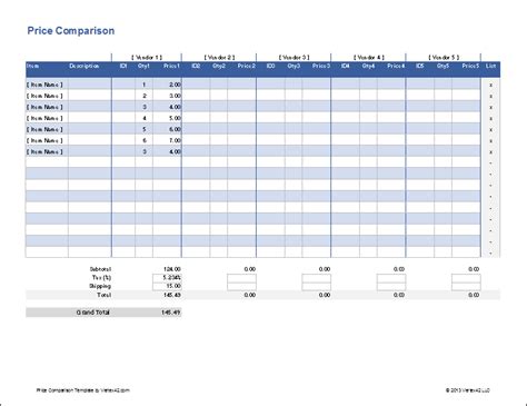 Cost Comparison Template Excel Free