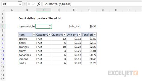 Example of counting visible rows with filtered data