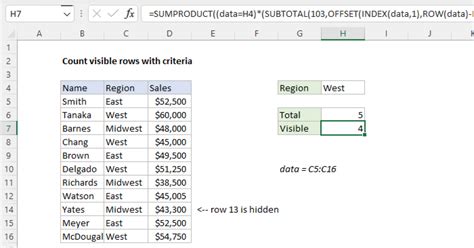 Example of counting visible rows with hidden rows