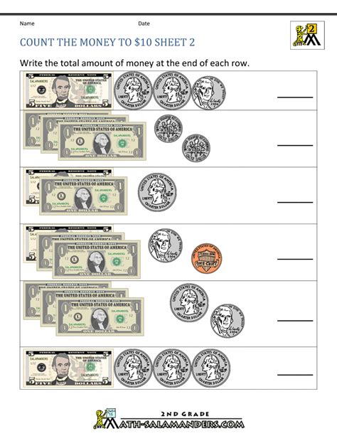 Counting bills worksheet for kids