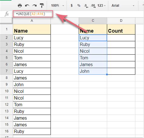 Counting names in Google Sheets using the COUNTIF function