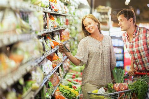 Couple shopping for groceries with a food stamp card