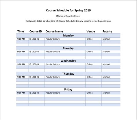 Course Schedule Template