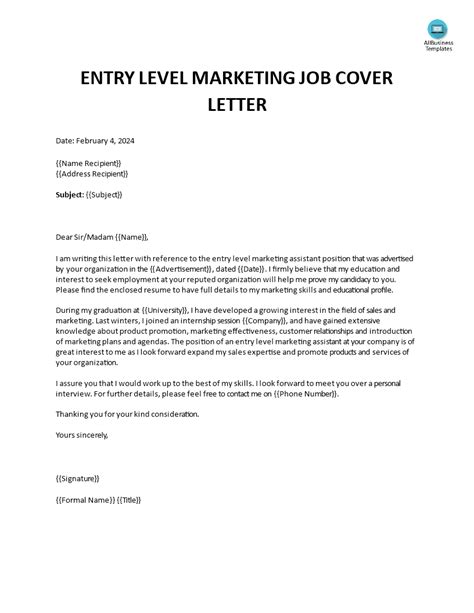 Cover Letter Template for Entry-Level Marketing Position