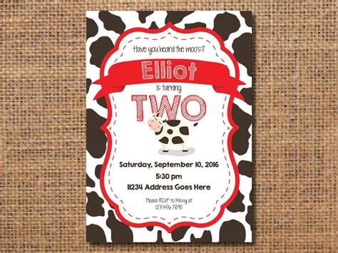 A cow-themed invitation with a green background and colorful fonts