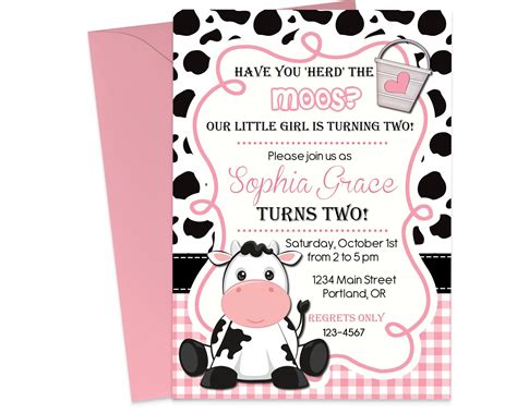 A cow-themed invitation with a green background and colorful fonts