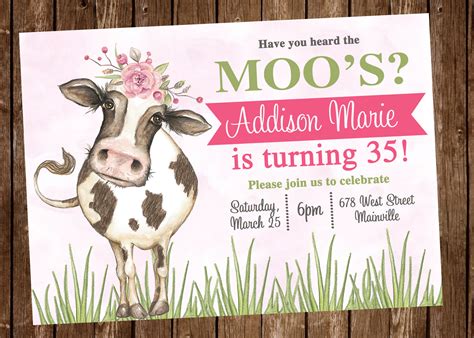 A cow-themed invitation with a green background and colorful fonts