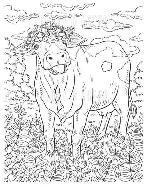 Cow in a field coloring page