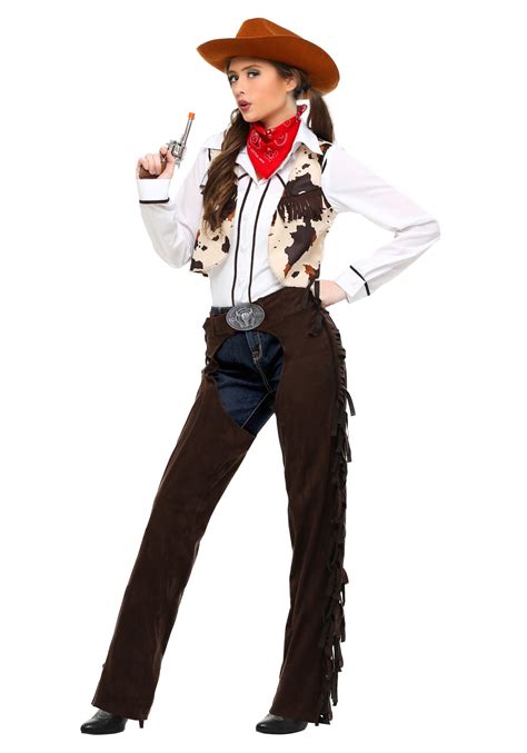 Cowgirl costume featuring a flowy skirt and a pair of cowboy boots