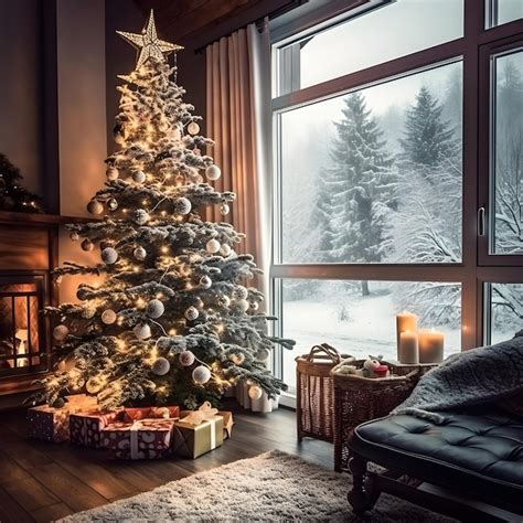 Newborn baby lying under a Christmas tree, surrounded by presents and ornaments