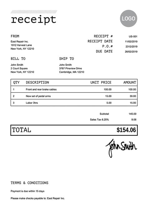 Creating a receipt template